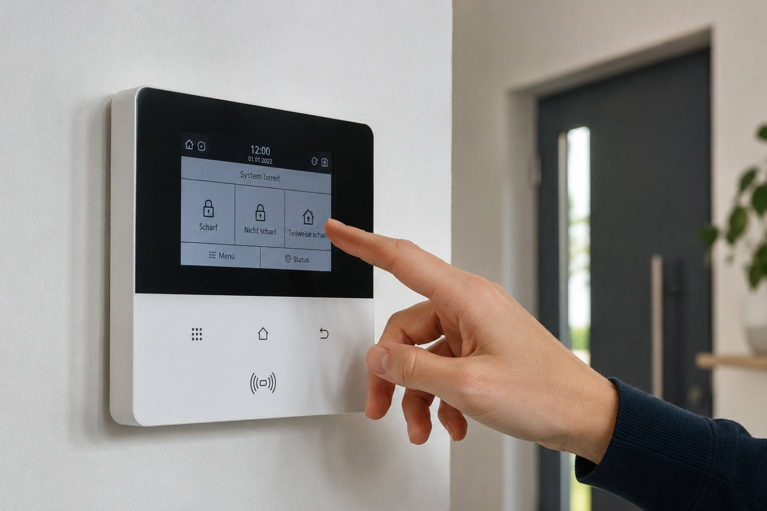 Hand bedient das Bedienteil einer Alarmanlage im Eingangsbereich, das Display zeigt „System bereit“ mit den Optionen scharf, nicht scharf und teilweise scharf
