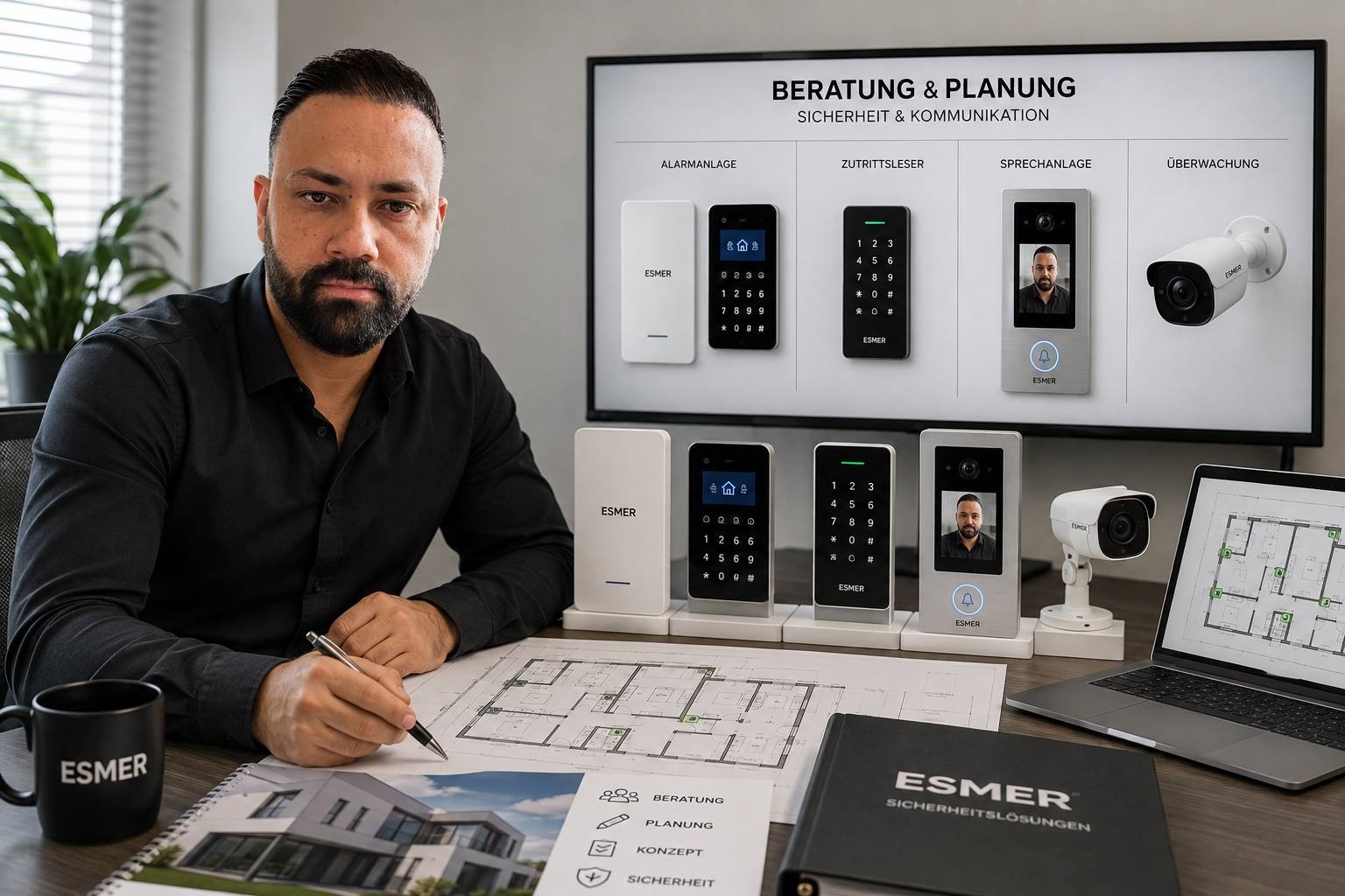 Orhan Esmer, Inhaber von Esmer Solutions, plant am Schreibtisch anhand eines Gebäudegrundrisses die Positionen der Technik; daneben Alarmbedienteil, Zutrittsleser, Video-Türstation und Überwachungskamera
