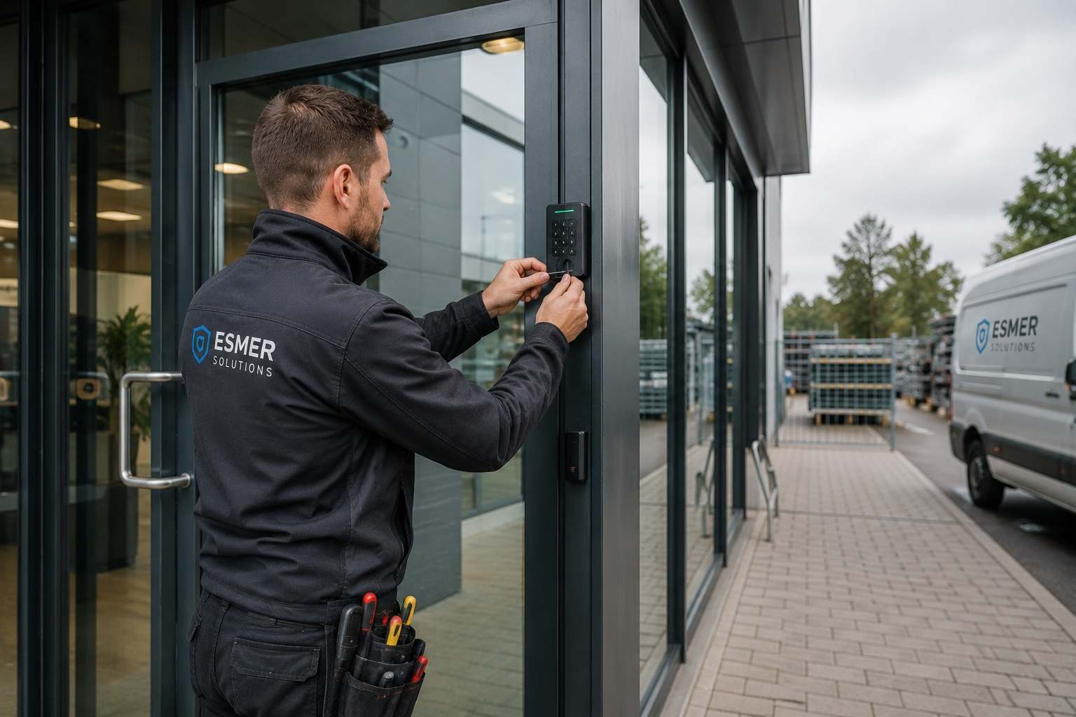 Montage eines Zutrittslesers am Eingang eines Betriebsgebäudes
