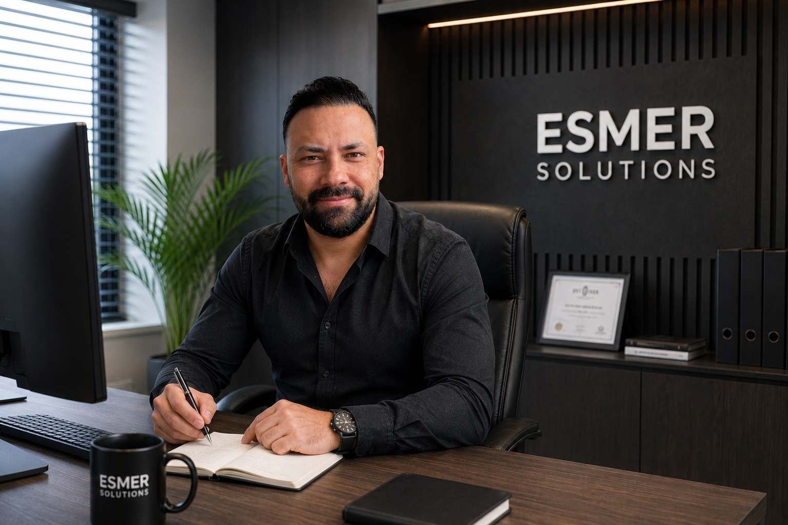 Der Inhaber von Esmer Solutions an seinem Arbeitsplatz im Büro