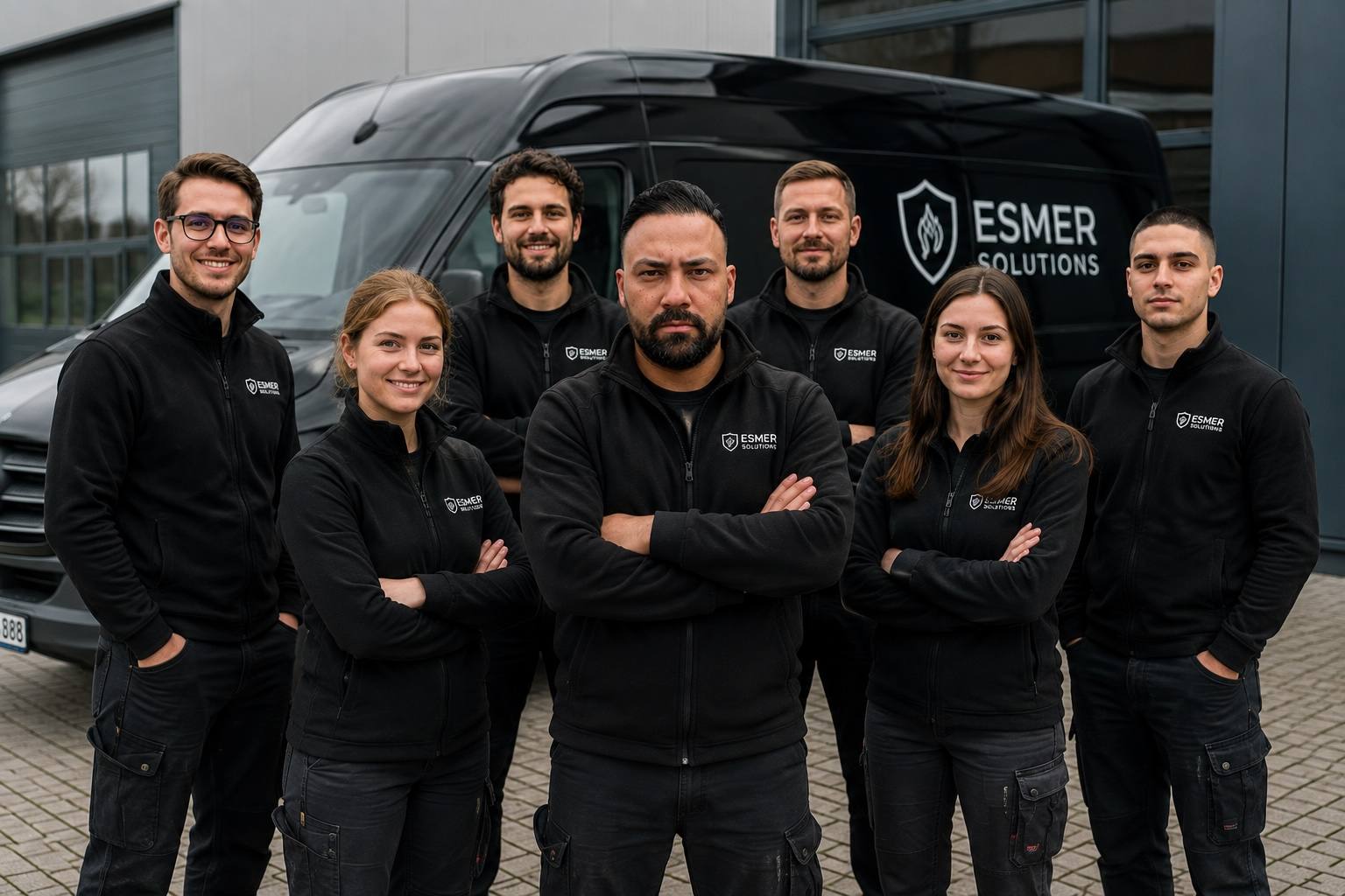 Das Team von Esmer Solutions in Arbeitskleidung vor dem Firmenfahrzeug