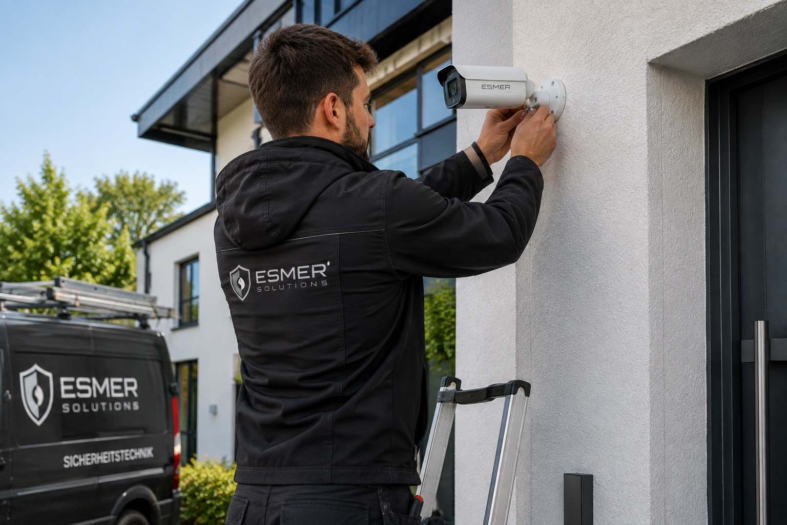 Techniker von Esmer Solutions montiert eine Überwachungskamera an einer Fassade