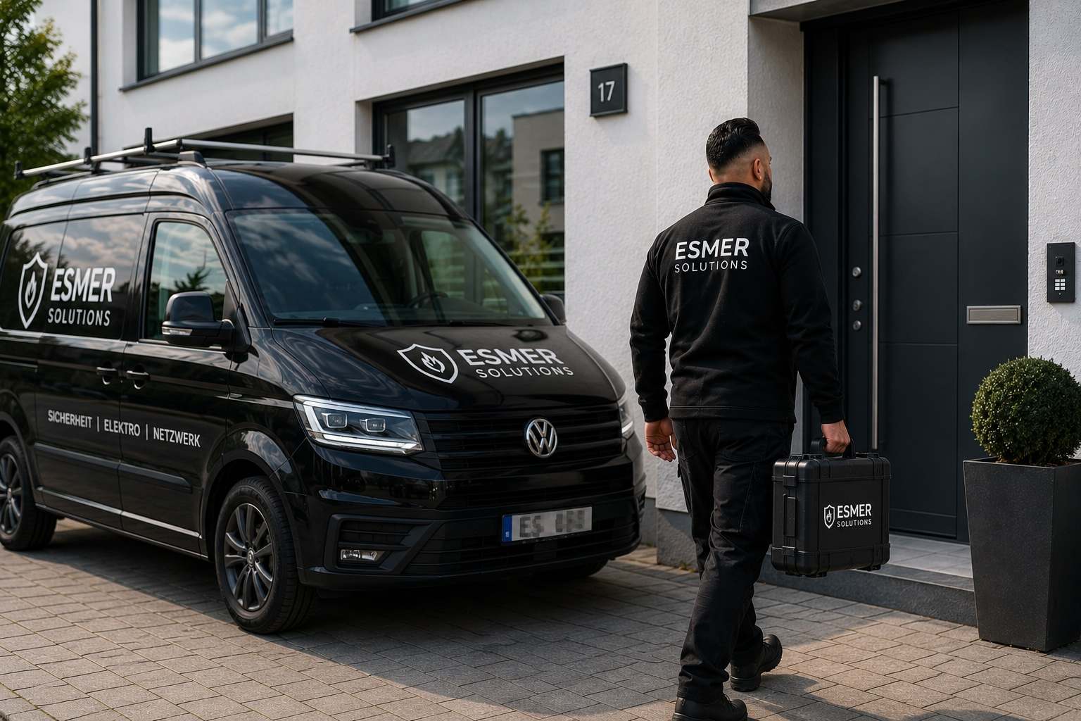 Techniker kommt mit Werkzeugkoffer an ein Wohnhaus, davor das Firmenfahrzeug