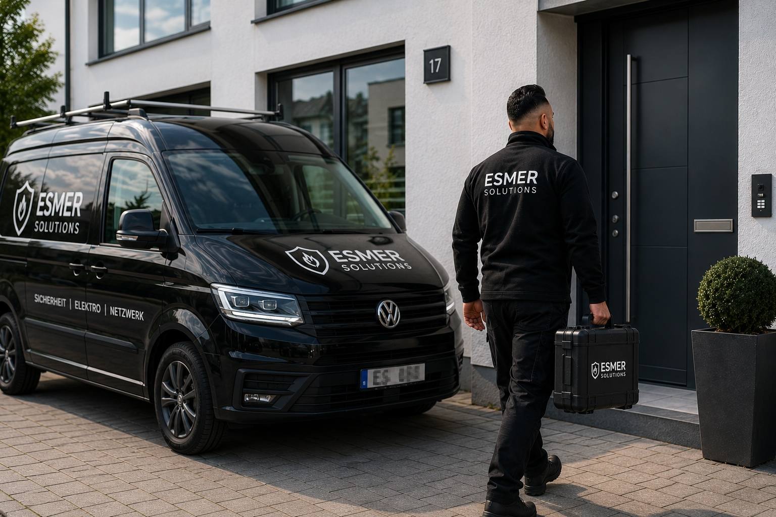 Techniker von Esmer Solutions kommt mit Werkzeugkoffer zum Serviceeinsatz an ein Wohnhaus, davor das beschriftete Firmenfahrzeug