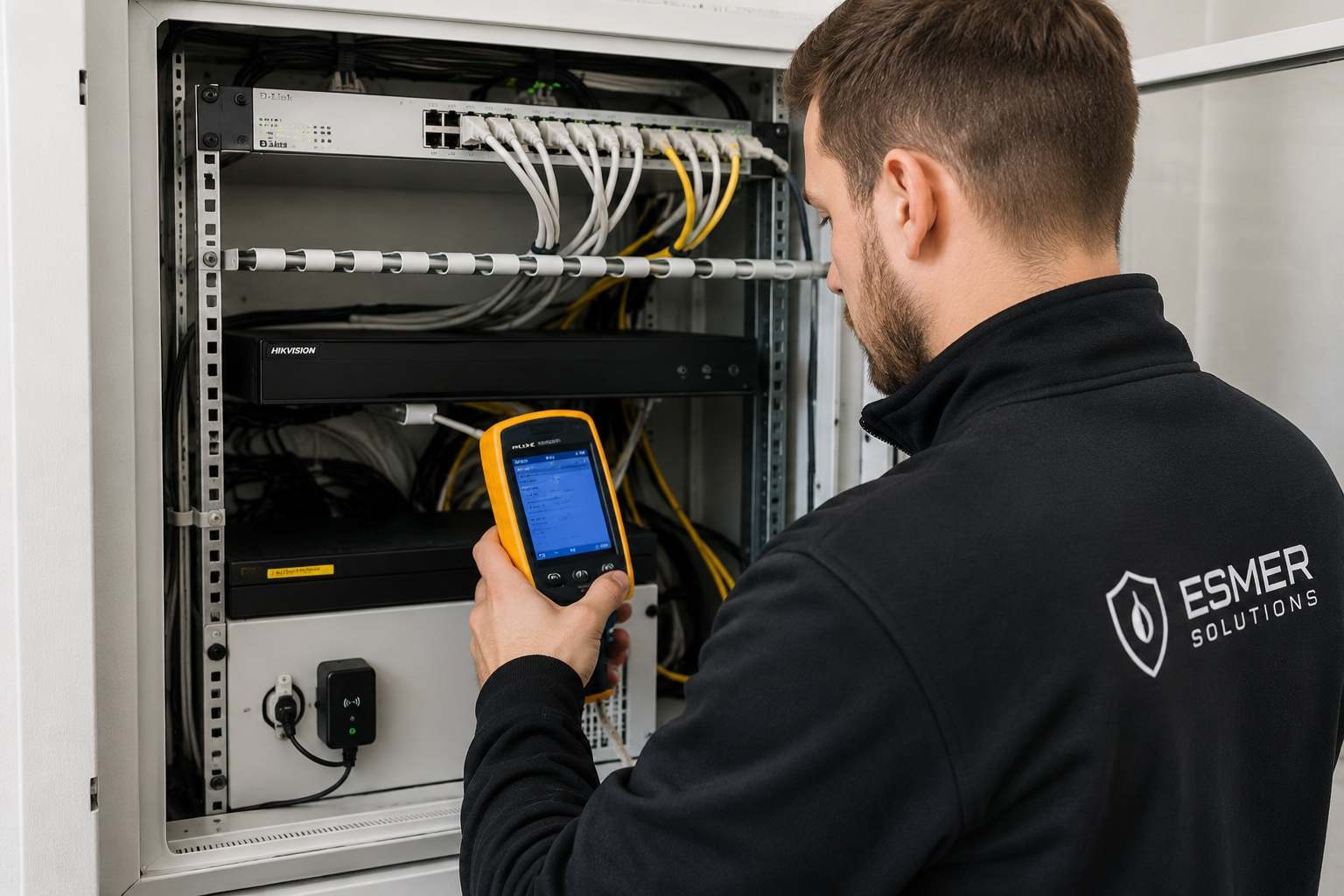 Techniker prüft mit einem Messgerät den Technikschrank einer Sicherheitsanlage