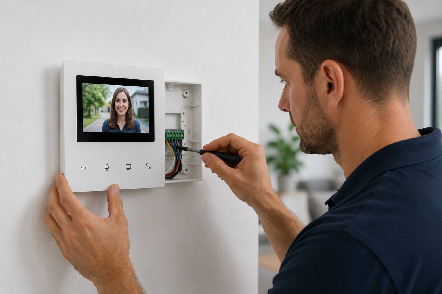 Techniker montiert die Innenstation einer Videosprechanlage an der Wand, auf dem Display ist die Besucherin vor der Haustür zu sehen